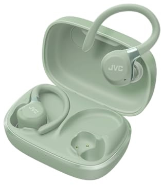 JVC Auriculares Inalámbricos Deportivos HA-EC75T, Ganchos Ajustables, 40h Batería, Cancelación de Ruido + Modo Ambiente, Resistencia IP57, Baja Latencia, Micrófono – Verde