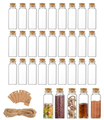 32 Stück Mini Glasflaschen mit Korken, 40 ml Glasflasche Etiketten und Schnur, Mini Einmachgläser für DIY Dekoration, Hochzeitsgeschenke, Partygeschenke