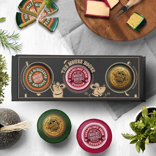 British Cheddar Cheese Gift Set – 3 x 200g Waxed Truckles | Gourmet Cheese Selection Box | Vintage, Caramelised Onion, Double Gloucester & Chive | Christmas Cheese Hamper for Foodies & Gifts