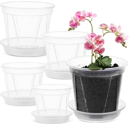 Lurrose Lot de 5 Pots d'Orchidées Transparents avec Soucoupes - Pots de Fleurs Respirants avec Trous de Drainage, Plastique Robuste pour Racines Saines et Observation Facile