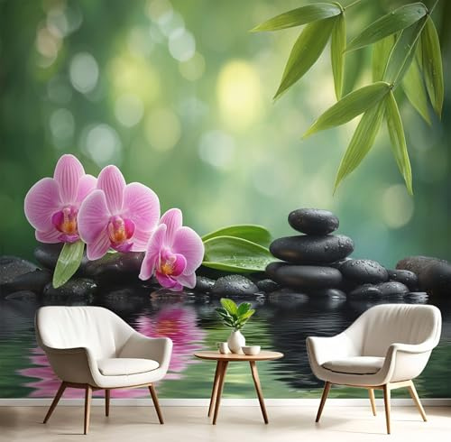 Fototapete 3D Effekt Zen Orchidee Tapete Natürliche Kieselsteine Tapeten Vliestapete Modern Wandtapete Wohnzimmer Wanddeko Motivtapeten 375×270cm(W×H)