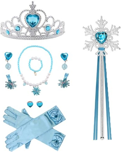 QIWEIS Prinzessin Kostüme Zubehör, 8 Stück ELSA Prinzessin Schmuck Set Mit Krone, Zauberstab, Handschuhe, Halskette, Ring Ohrringe, Armband Für Halloween Karneval Geburtstag Cosplay