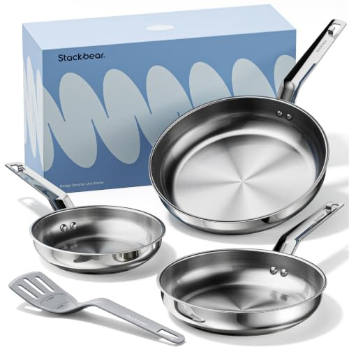 Stainless Steel Frying Pan - Clean Stack Design, Stainless Steel Pan Set 3pc (20/24/28 cm) with Spatula, Stay‑Flat Induction Pans, Oven Safe, All Cooktops, Best Cooking Pan Set for Home Chefs