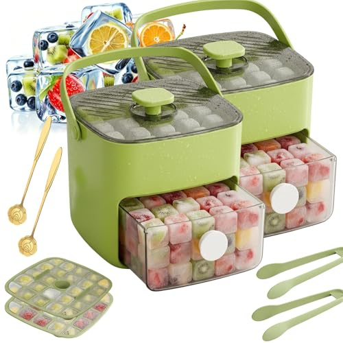 Tragbarer Eisbereiter Mit Deckel Und Aufbewahrungsbox 48 Eiswürfel, 2026 Neu 2-in-1 Design Eiswürfelmaschine, Eiswürfelentnahme per Knopfdruck, Für Drinks, Cocktails, Partys (Grün*2)