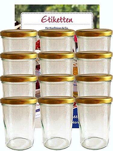 hocz 12er Set Sturzgläser 435 ml incl. Deckel Deckelfarbe Gold To 82 (12 Etiketten NZ) zum Beschriften Haushaltsetiketten Marmeladenglas Einmachglas Sweet Family