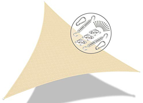 vounot Voile d'ombrage Triangle avec Le Kit de Fixation | Matière résistante aéré 100% Nouveau HDPE-180g/m2 | Bloque 90% Rayons UV | Kit de Montage Inclus |Taille 3x3x3M Ivory