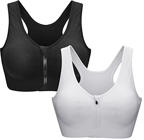 Zoerea Sports BH Damen Push Up Zip Front, 2er Pack Impact Yoga Bra, Gr.-M: Fit 75A 75B 75C 75D 80A 80B, Schwarz und Weiß