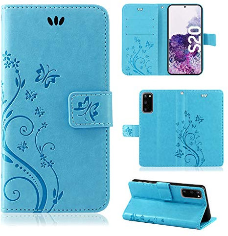 Hülle Kompatibel mit Samsung Galaxy S20 SM-G980 | Premium PU Leder Handyhülle Wallet Case | Schutzhülle Blumen Klapphülle Handyhülle | Blau