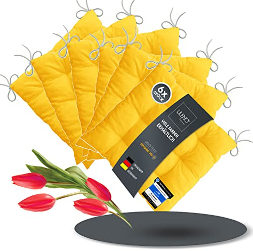 LILENO HOME 6er Set Stuhlkissen Gelb (40x40x6 cm) - Sitzkissen für Gartenstuhl, Küche oder Esszimmerstuhl - Bequeme UV-beständige Indoor u. Outdoor Stuhlauflage als Stuhl Kissen
