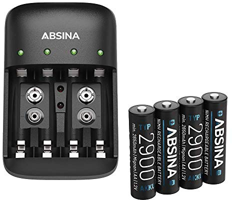 ABSINA Akku Ladegerät AA AAA & 9V Block inkl. 4X AA 2900 Akkus - NiMH Ladegerät Akku Batterien 4-Fach für aufladbare Batterien - Batterieladegerät mit Batterien - Akku Batterien mit Ladegerät