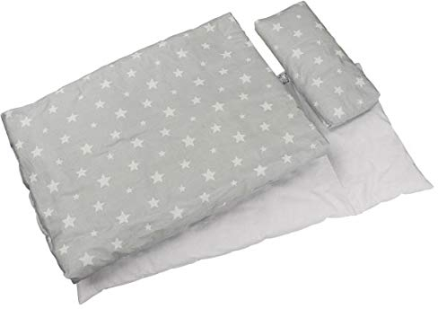 goki 51517 Puppenbettzeug Sternenhimmel Kopfkissen= 22 x 10 cm, Oberbett= 41 x 31 cm,, grau/weiß