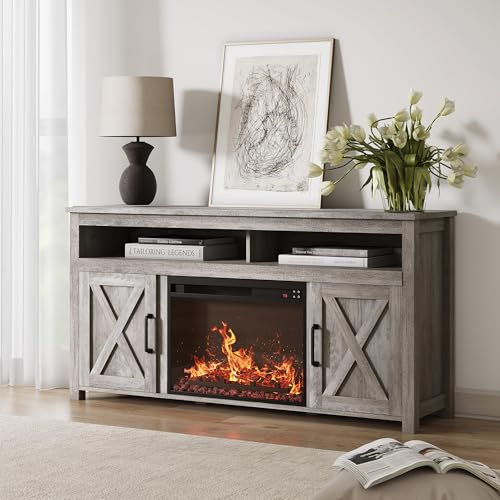 BELLEZE Corin - Mueble de madera con puerta de granero y chimenea eléctrica para televisores de hasta 65 pulgadas, estantes abiertos y gabinetes, mesa consola de centro de entretenimiento multimedia,