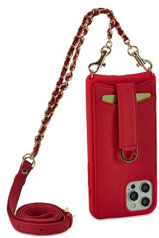Vaultskin VICTORIA Crossbody Wallet Case for iPhone 12/12 Pro, Red, Chain | Italian pebble grain phone purse, holds up to 8 cards, detachable hands-free strap, Smart Strap quick card access, gift box