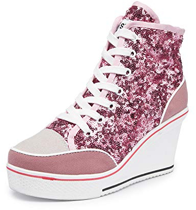 Mujer Cuñas Zapatos 35-43 EU De Lona High-Top Zapatos Casuales Encaje Talla Grande Zapatillas de Cuña para Mujer Verano Tacón Cuña Zapatillas de Deporte Zapatillas Altas Primavera,03rosa,40