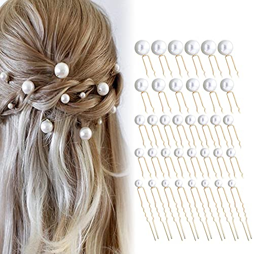 THETAG Hochzeit Perlen Haarnadeln, 36 Stück U-förmige Perlenhaarnadel, Brautperlen Haarnadeln, Haarschmuck für Brautfrisur und Brautjungfernfrisur (Golden)