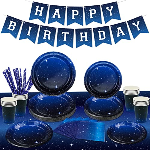 Lot de 107 décorations de fête spatiale fournitures galaxie spatiale y compris bannière assiettes serviettes tasses nappe sur le thème de la galaxie pour garçons et filles fournitures pour 20