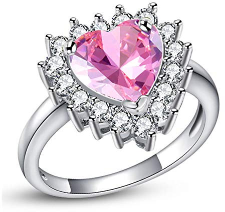 Uloveido J461 Bague en argent avec grand cœur rose et oxyde de zirconium pour femme Taille 6, O, Métal
