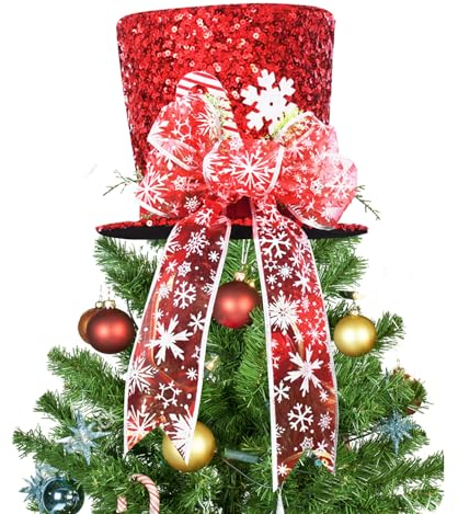 Christmas Tree Topper Hat, 2024 Red Candy Cane Bow Christmas Tree Top Toppers with 6.5ft Ribbon Light, Shiny Xmas Santa Tree Toppers Christmas Decorations for Holiday Decor