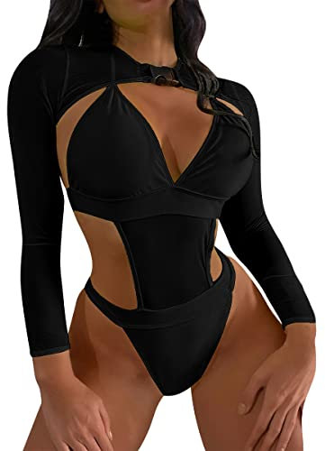 Women's Rave Outfits 2 Piece Cutout Bathing Suit Swimsuit Monokini Bodysuit Long Sleeve Shrug Crop Top Festival Holiday Clothes Black S