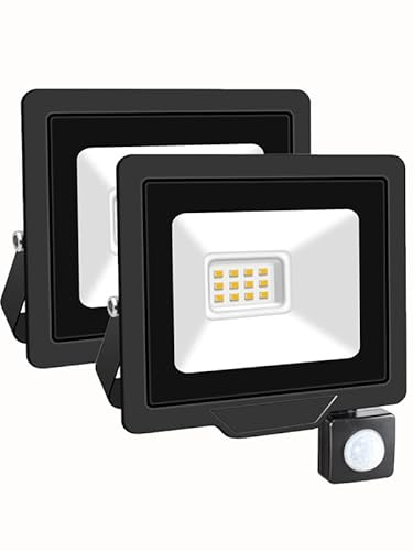 SKYWORLD Security Lights Outdoor Motion Sensor Led 10W, 1000LM Floodlights with PIR Sensor IP66 Waterproof Ultra Thin Garden Light Warm White 4000K for Construction Site, Backyard, Garage 2PCS