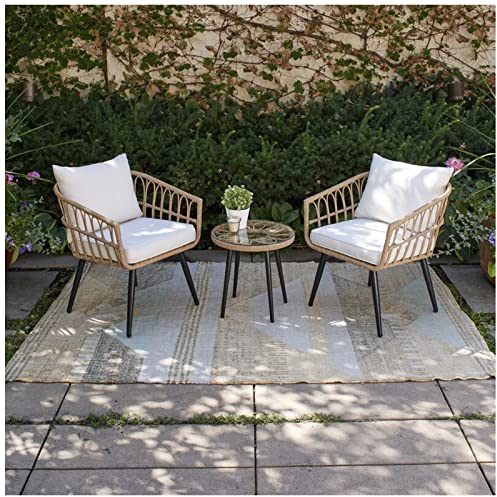 DXDRT 3tlg. Bistroset 2 Rattanstühle & Hartglas Beistelltisch & Sitzkissen, Rattan Balkonset Sitzgarnitur, Gartengarnitur Gartenmöbel Sitzgruppe für Terrasse, Balkon, Garten