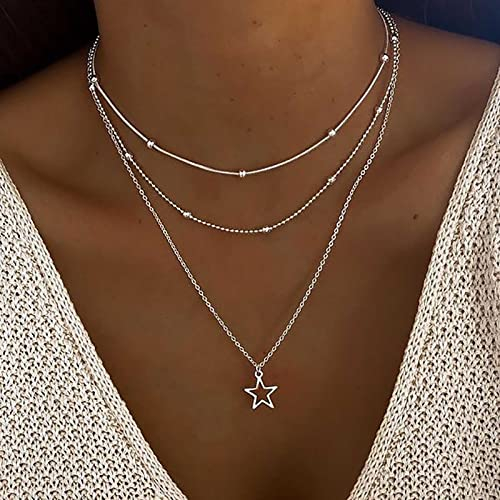 Atentuyi Boho Geschichtet Stern Choker Halskette Silber Stern Anhänger Halskette Hohl Stern Halskette Satellit Kette Schichtung Perle Halskette Schmuck Für Frauen Und Mädchen