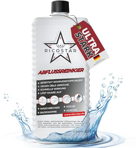 Ricostar Abflussreiniger 1000ml - Profi Rohrreiniger gegen Verstopfungen, Haare und üble Gerüche - Rohrfrei extra stark und materialschonend - Made in Germany