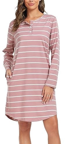 Lovasy Nachthemd Damen Baumwolle Langarm Schlafshirt Streifen Nachthemden für Damen mit Knopfleiste und Zwei Taschen,Rosa,XL