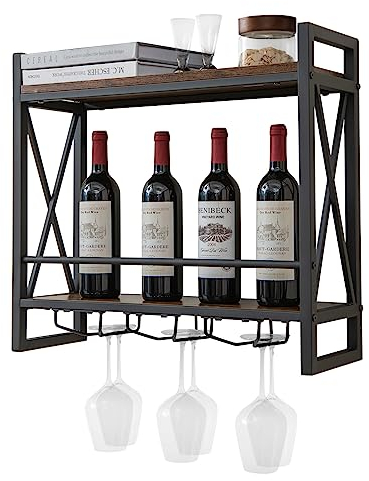 COSTWAY Portabottiglie per Vino da Parete Industriale, Scaffale di Stoccaggio per Vino a Parete a 2 Livelli con Porta Calici, in Metallo, per Casa, Bar, Cucina, Ristorante (60 x 20 x 55 cm)