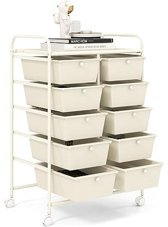 GiantexUK 10 Drawers Storage Cart, Mobile Rolling Storage Trolley with 4 Lockable Wheels & Handles, Utility Shelving Organizer Unit for Home Office Salon Beauty Make up (White)