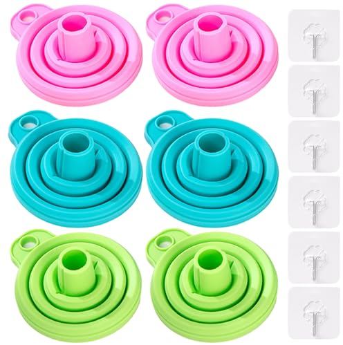 KASESSS 6 Pièces Entonnoir Pliable, Entonnoir Cuisine, Portable Petit Entonnoir, Silicone Entonnoir avec 6 Crochet Adhésif, Mini Entonnoir pour Transfert Liquide Alimentaire et Autres Petit Bbjets