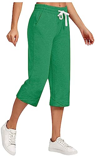 NSICBMNO Caprihose für Damen, Baumwoll-Leinenhose, 3/4-lange Hose, Sommerhose, elastische Taille, lockere Loungehose, Freizeithose, Kordelzughose, Übergröße, 02#Grün, L