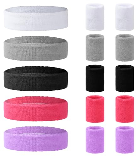 Wisebom 15 Stück Schweissband Set 80er Neon Schweissband Handgelenk Stirnband Sport Elastisch mit 10 Stück Armbänder für Damen Herren Basketball Tennis Fitnessstudio Karneval (5 Farbe)