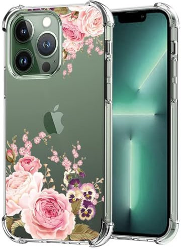 Jhxtech Phone Case for iPhone 13 Pro Case 6.1 Apple 13 Pro girls women, Slim Shockproof Clear Floral Pattern Soft Flexible TPU Protective Cover for iPhone 13 Pro Rose Flower