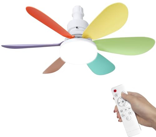 Ceiling Fans with Lights and Remote, 40W E27 Socket Fan Light, Quiet Ceiling Fans with 6 Removable Blades, 3 Color Dimmable, 3 Speeds, Low Profile Celling Fan for Bedroom, Living Room (Colorful)