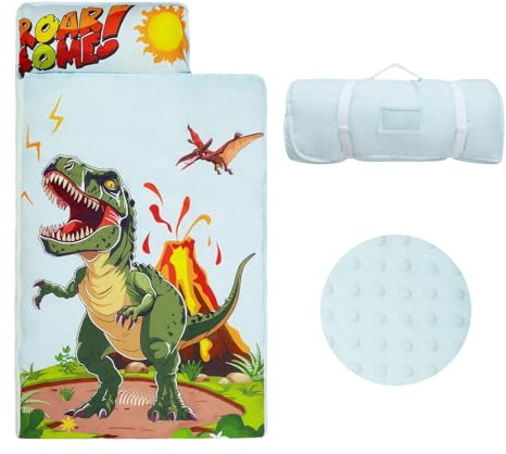 Dinosaurier Schlafsack Kinder mit Kopfkissen Reißverschluss, Faltbare Kinderschlafsack mit Kissen Abnehmbar für Mädchen Jungen, Leicht Reinigen Schlafsack für Outdoor Indoor Camping, 150×60cm