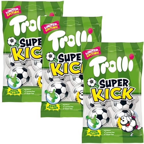 Trolli Super Kick 3x75g Packung, limitierte Edition, Gummibärchen gefüllt mit saurer Apfel-Füllung, perfekt zum Mitfiebern zur Fußball-Saison, für die Schultüte & den Schulanfang, lactose- & glutenfei