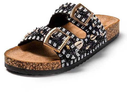 JOMIX Chanclas Mujer Verano con Hebilla Sandalias Mujer Concha Chanclas Mujer con Piedra Sandalias Mujer Plataforma Playa Piscina Mar, Negro, 40 EU