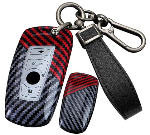 ontto PC Kohlefaser Autoschlüssel Hülle Schlüsselhülle Schlüsselgehäuse Schlüsselcover Passt für BMW 1er 3er 5er 7er X1 X3 X4 X5 F10 F20 F30 M3 M4 E34 Schlüsselanhänger Zubehör 4 Tasten-Schwarz Rot