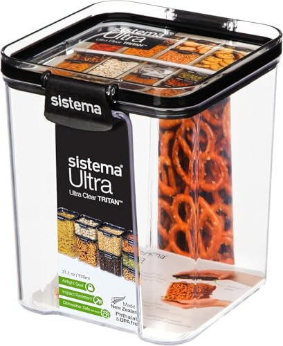 DTD QUALITY MATTERS Sistema Tritan Ultra Clear 920ml Square Food Storage Container - Airtight Pantry Jar with Easy-Locking Clips, BPA-Free, Transparent & Black