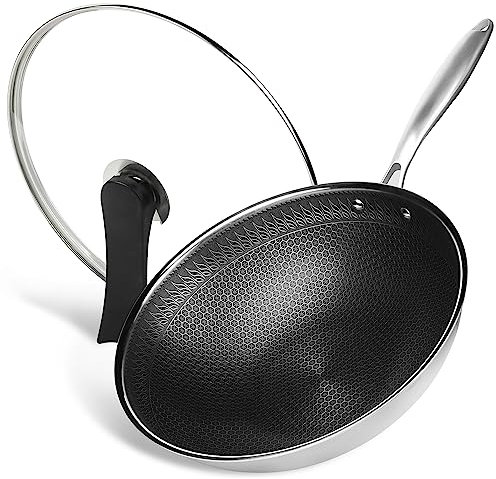 RIOVARM 32cm Edelstahl Wok mit Deckel, Antihaftbeschichtung Flacher Boden Wok-Pfanne, Dreilagig Honigwaben-Struktur, Spülmaschinenfest, Backofenfest, Funktioniert mit Induktion, Gas-Kochfeldern