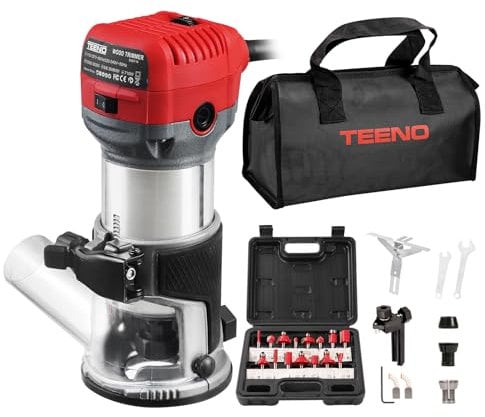 TEENO Rifilatore Fresatrice Verticale per Legno 710W 13000-33000 RPM Con Copertura Antipolvere, Legno Rifilatrice Elettrica Con 15 pezzi 1/4 Fresatura Cuter, 6 Velocità Variabili, Mandrino 6/6.35/8mm