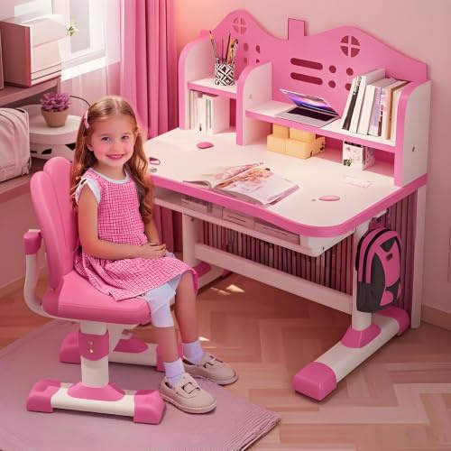 ilkqeppe Kinder-Schreibtisch- und Stuhl-Set, Kinderschreibtische, Mädchen-Schreibtisch für Kinderzimmer, höhenverstellbarer Kinder-Lerntisch und Stuhl-Set mit Schublade