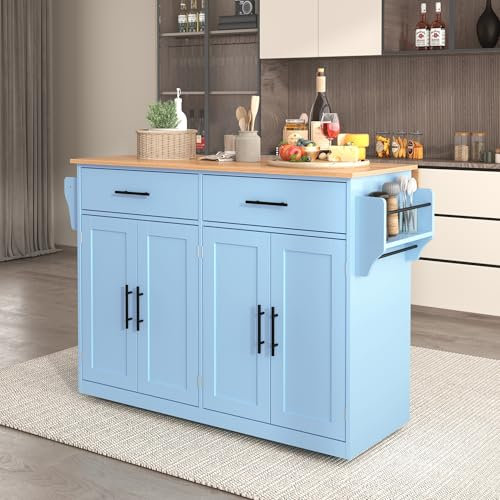 Kücheninsel Küchenschrank mit arbeitsplatte mit Klappbarer Tischplatte, 120x46(70) x91 cm, mit Rollen und austauschbaren Holzbeinen, Kitchen Island Freistehend, für Küche und Esszimmer (Blau)