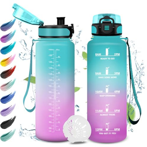 Botella Agua Gimnasio 1.5L, Botella Agua con Marcador de Tiempo, Fácil de Limpiar, Reutilizable, Botella Agua Motivadora y Prueba de Fugas, Cantimplora para Oficina, Adultos, Bicicleta, Gym