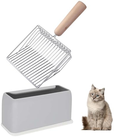 Cat Litter Scoop with Holder, Metal Cat Litter Scoops, Non-Stick Cat Litter Scooper, Cat Poop Scoop Cat Litter Tray Scoop, Fast Sifter Kitten Litter Shovel with Wooden Handle for Clumping Litter Cat