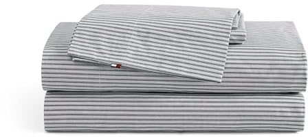 Tommy Hilfiger - Sheet Set, Cotton Percale Bedding with Matching Pillowcases, Crisp & Cool, Premium Quality Home Essentials (Highland Ticking Stripe Navy, King)