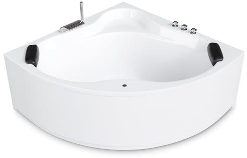 AQUADE Acryl Eckbadewanne 150x150 Hergеstellt in Dеutschland Modell: Essen - Weiß Badewanne Komplettset mit Schürze + Wannenfüßen + Ab-Überlaufgarnitur + Led + Wannenrandarmatur + Nackenkissen