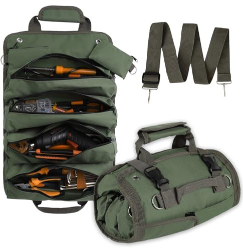 Werkzeug-Organizer-Tasche, faltbar, aufrollbar, strapazierfähig, mit 2 abnehmbaren Taschen, Mechaniker-Tragetasche, Geschenk für Väter, Männer, Geburtstag, Vatertag