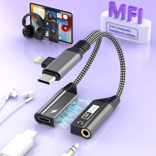 2025 Upgrade Magnetic 2-in-2 Lightning+USB-C to 3.5mm Headphone and USB C Charger Adapter, USBC to 3.5mm Jack Headphone Splitter, iPhone Aux Audio Adapter for iPhone 16/15/14/13/Samsung Galaxy/iPad